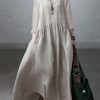 Simple and Loose V-neck Cotton and Linen Dress
