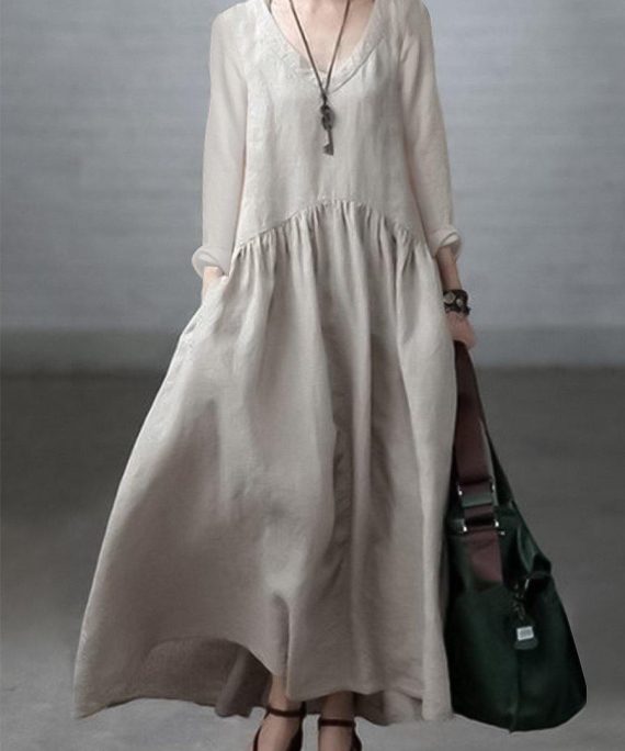 Simple and Loose V-neck Cotton and Linen Dress