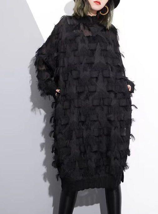 Elegant black lace dresses oversized lace gown women tassel dresses
