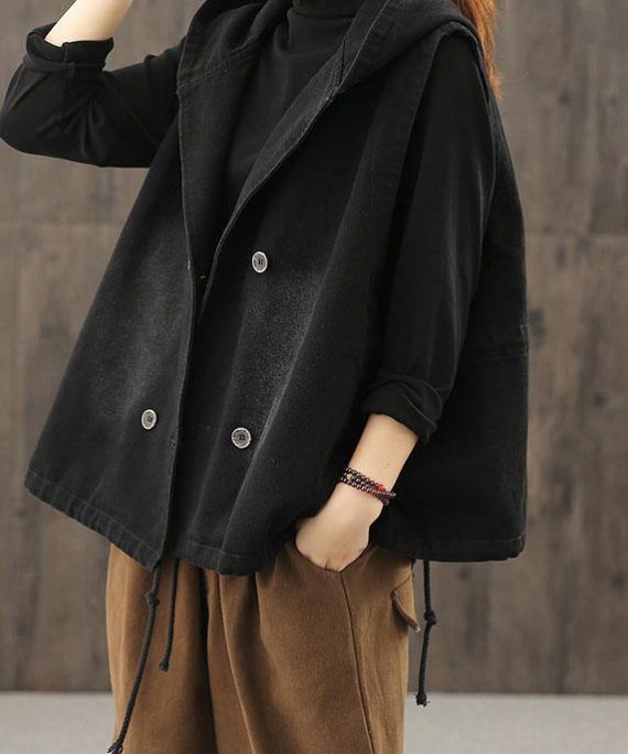 Denim Black Waistcoat 2025 Autumn Loose Large Size Tooling Double Breasted Hooded Vest