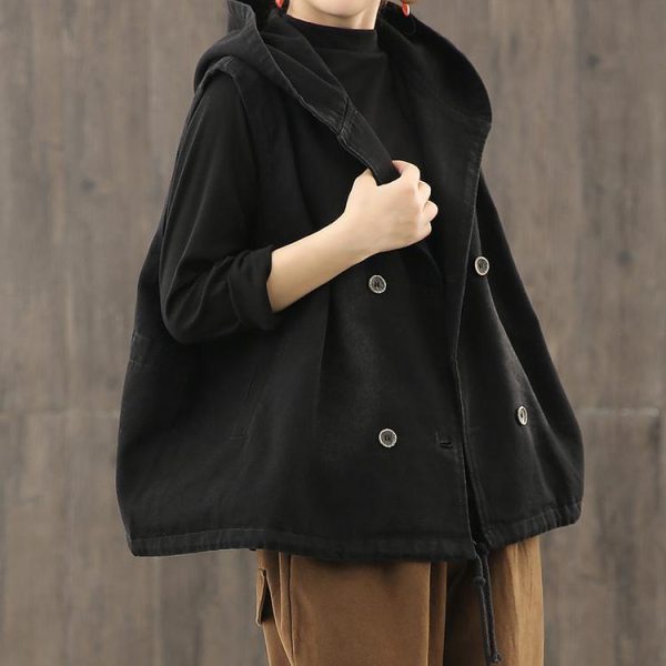 Denim Black Waistcoat 2025 Autumn Loose Large Size Tooling Double Breasted Hooded Vest - Image 3