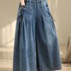Denim Blue Cross Strap Wide Leg Pants Wrinkled Summer