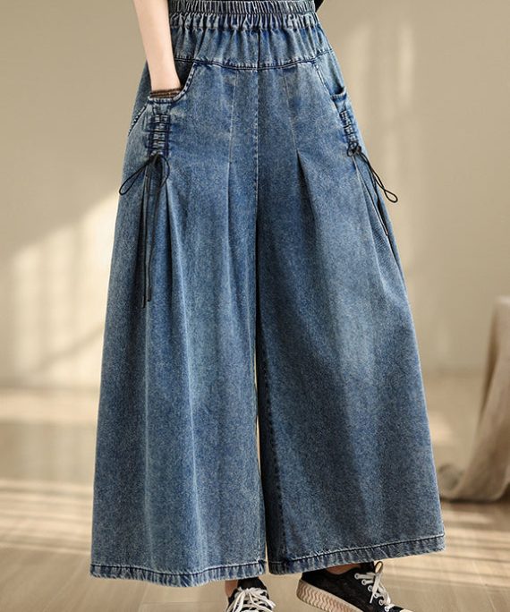 Denim Blue Cross Strap Wide Leg Pants Wrinkled Summer