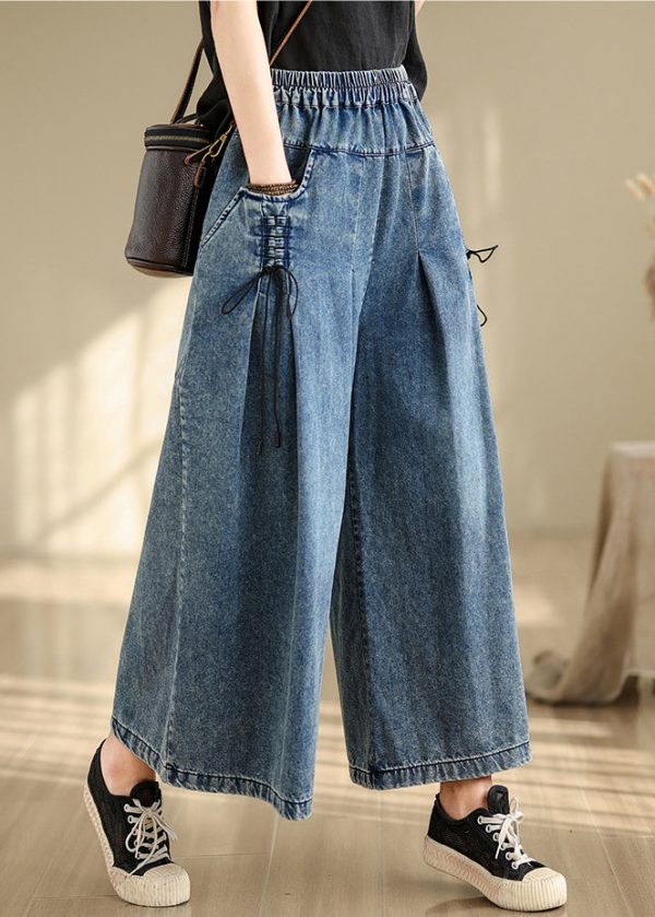 Denim Blue Cross Strap Wide Leg Pants Wrinkled Summer - Image 2