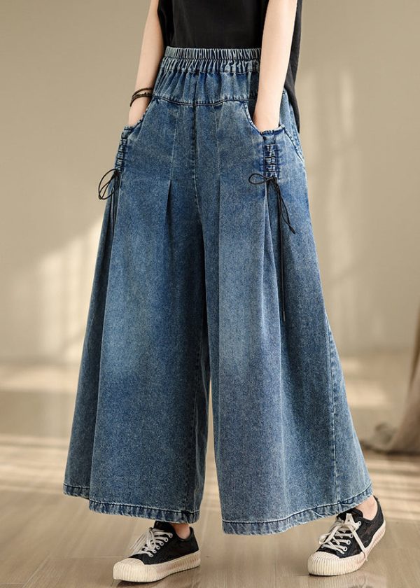 Denim Blue Cross Strap Wide Leg Pants Wrinkled Summer - Image 3