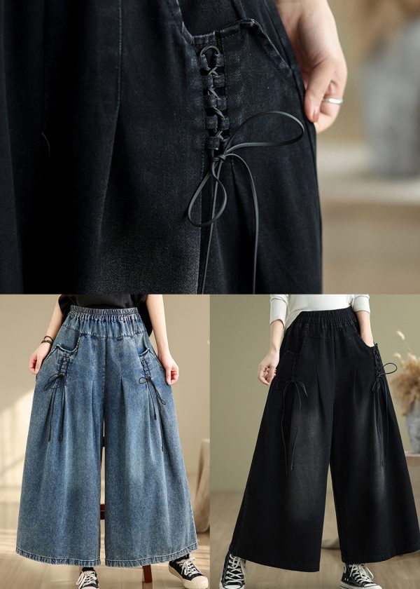 Denim Blue Cross Strap Wide Leg Pants Wrinkled Summer - Image 5