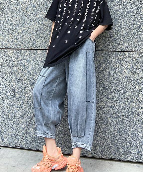 Denim blue pants women thin section high waist nine points lantern harem pants