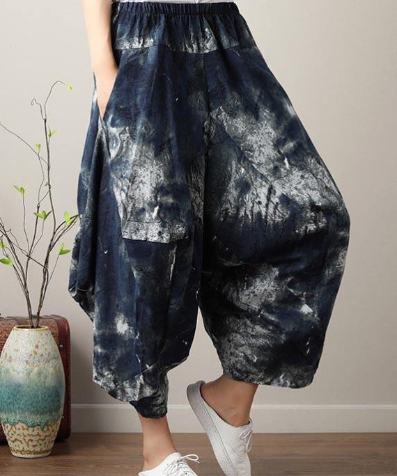 Diy Denim Blue Elastic Waist Cotton Linen Summer Harem Pants