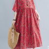 Diy Red Pockets Print Cotton Maxi Dresses Cinched