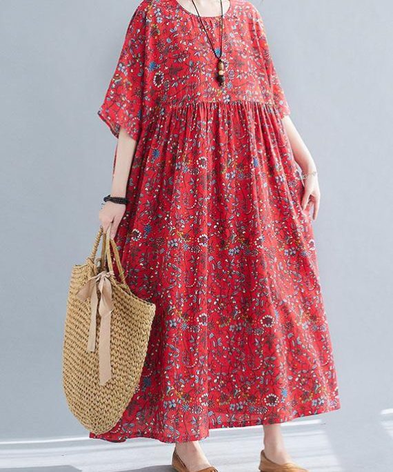 Diy Red Pockets Print Cotton Maxi Dresses Cinched