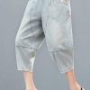 Drawstring personality pocket washed jeans plus size women's elasticated waist cropped pants