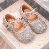 Elegant Beige Crystal Bow Girls Buckle Strap Flats
