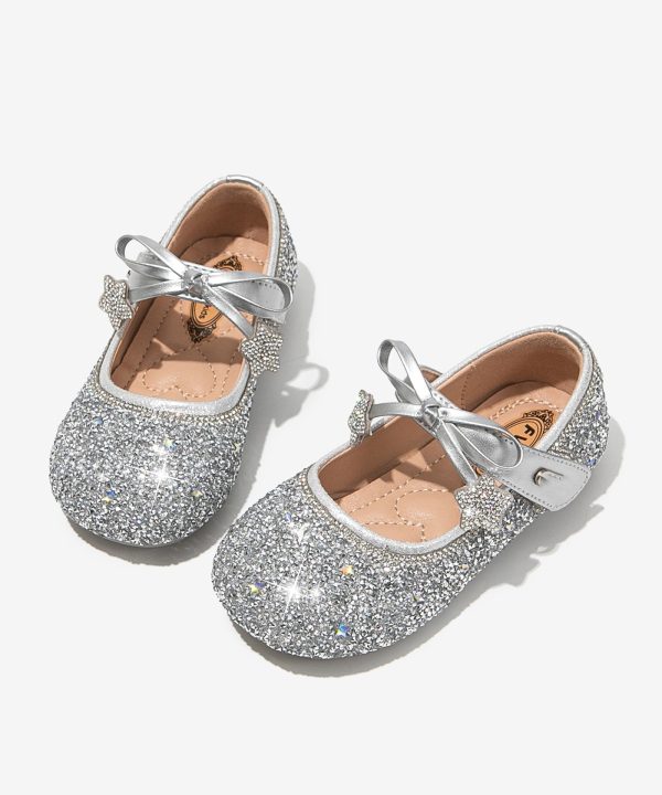 Elegant Beige Crystal Bow Girls Buckle Strap Flats - Image 2
