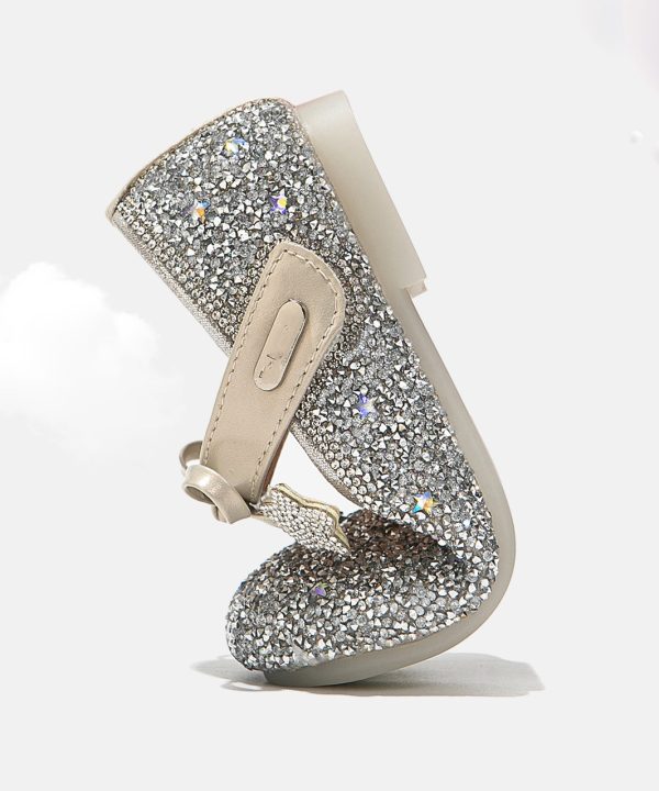 Elegant Beige Crystal Bow Girls Buckle Strap Flats - Image 5