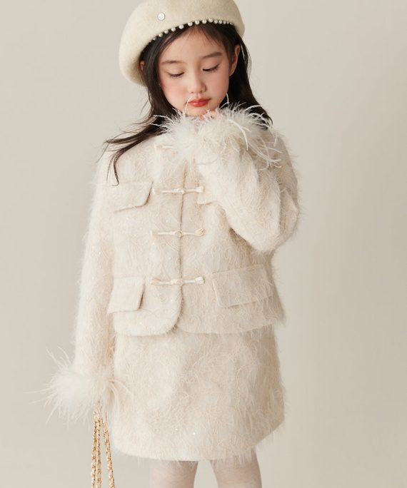 Elegant Beige O-Neck Patchwork Girls Parka And Skirts Two Pieces Set Spring