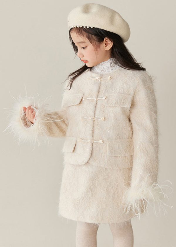 Elegant Beige O-Neck Patchwork Girls Parka And Skirts Two Pieces Set Spring - Image 4