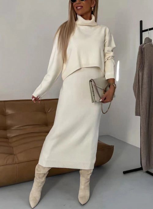 Elegant Beige Turtleneck Sweaters And Skirts Knit Two Piece Set Spring