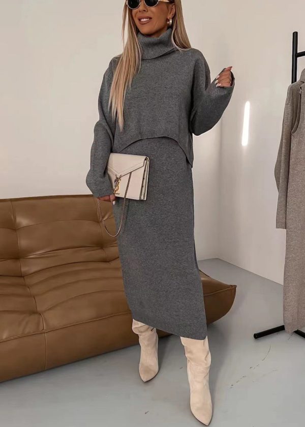 Elegant Beige Turtleneck Sweaters And Skirts Knit Two Piece Set Spring - Image 3
