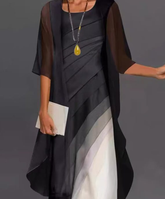 Elegant Black O-Neck Cardigans And Dress Two Pieces Set Half Sleeve