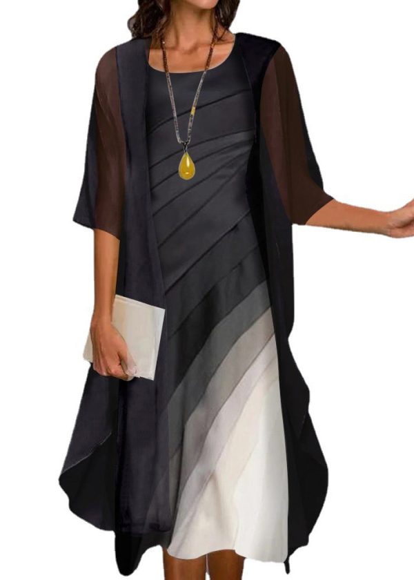 Elegant Black O-Neck Cardigans And Dress Two Pieces Set Half Sleeve - Image 5