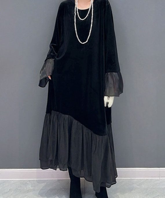 Elegant Black Tulle Patchwork Silk Velour Maxi Dress Fall