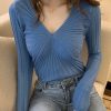 Elegant Blue V Neck Knit Sweater Tops Spring