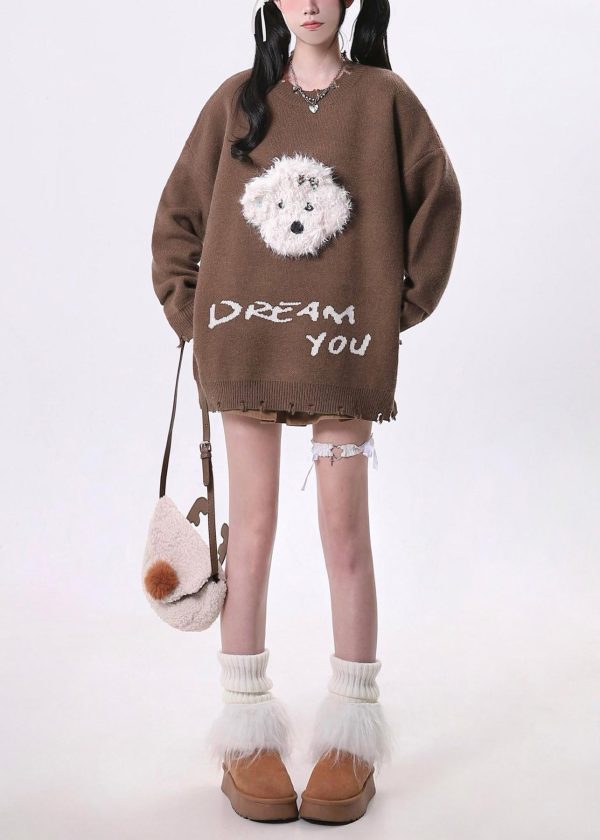 Elegant Brown Oversized Dog Knit Sweaters Spring - Image 4