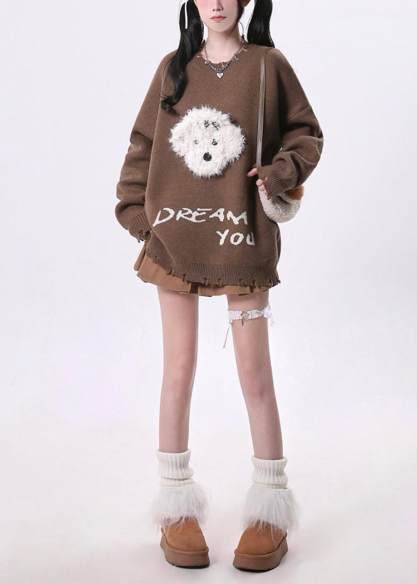 Elegant Brown Oversized Dog Knit Sweaters Spring - Image 5