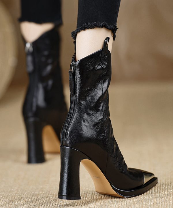 Elegant Chunky Heel Boots Black Sheepskin Pointed Toe - Image 5