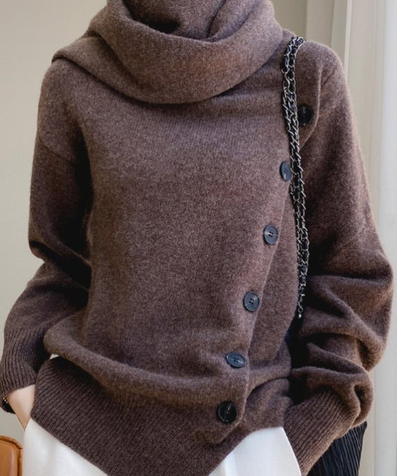 Elegant Coffee Scarf Collar Button Patchwork Wool Sweaters Spring