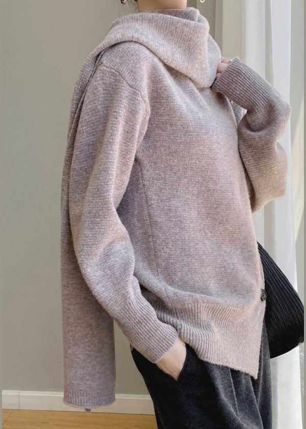 Elegant Coffee Scarf Collar Button Patchwork Wool Sweaters Spring - Image 4