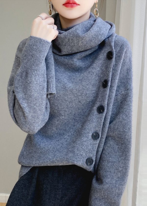 Elegant Coffee Scarf Collar Button Patchwork Wool Sweaters Spring - Image 5