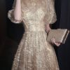 Elegant Gold Ruffled Nail Bead Long Dresses Puff Sleeve