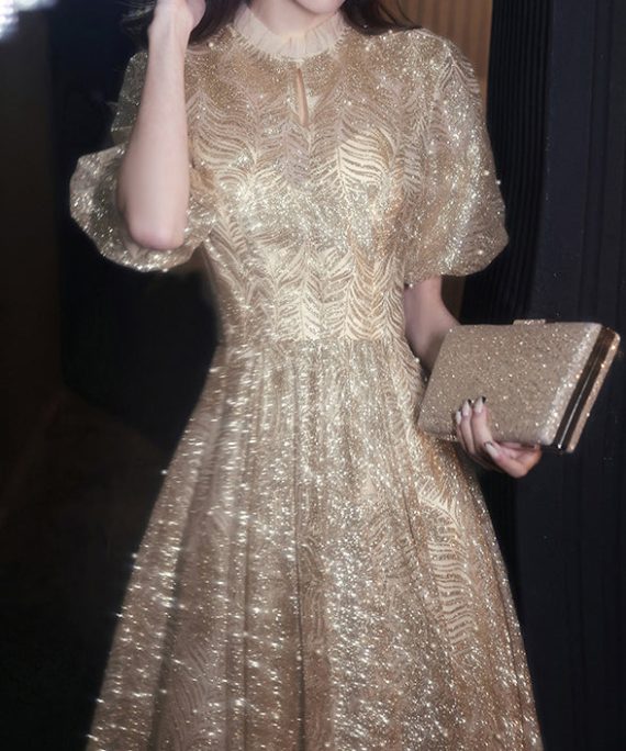 Elegant Gold Ruffled Nail Bead Long Dresses Puff Sleeve