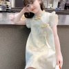 Elegant Gold Stand Collar Ruffled Button Girls Vacation Maxi Dresses Summer