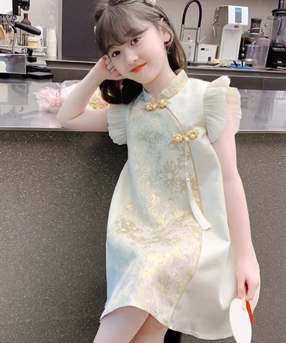 Elegant Gold Stand Collar Ruffled Button Girls Vacation Maxi Dresses Summer