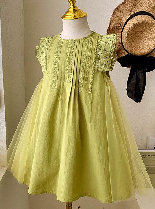 Elegant Green Hollow Out Embroideried Tulle Patchwork Cotton Baby Girls Dress Summer
