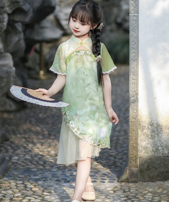 Elegant Green Patchwork Button Chiffon Girls Party Maxi Dress Summer