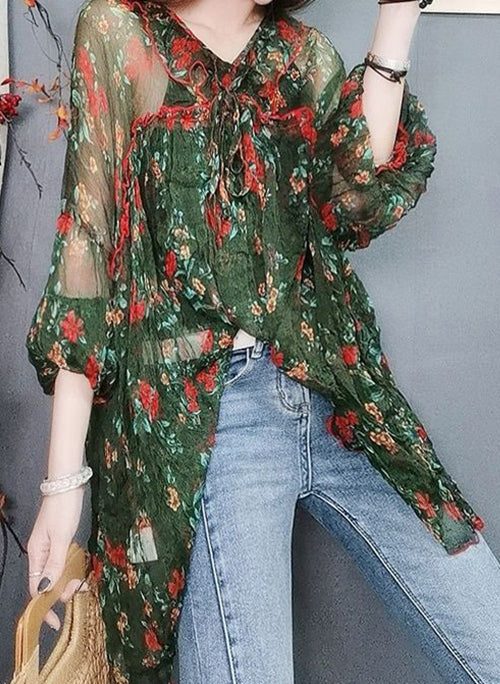 Elegant Green Print Lace Up Thin Chiffon Blouses Summer
