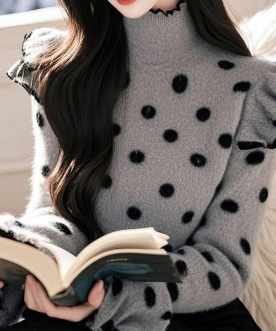 Elegant Grey Ruffled Patchwork Knitted Sweaters Tops Spring
