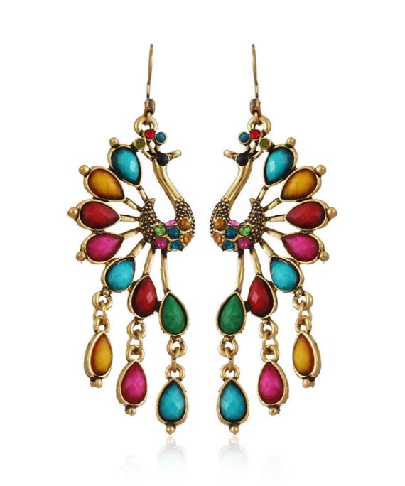 Elegant Multi Colour Peacock Zircon Copper Drop Earrings