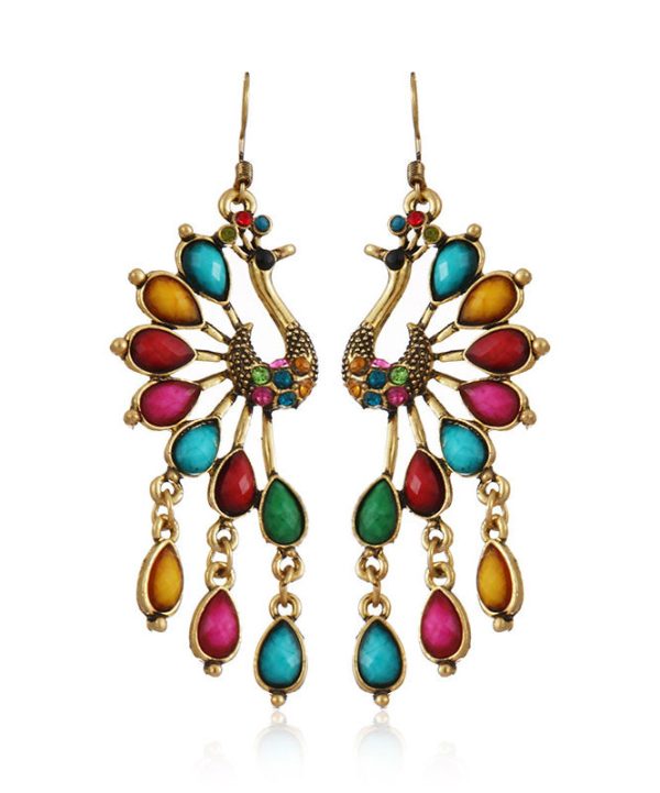 Elegant Multi Colour Peacock Zircon Copper Drop Earrings