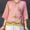 Elegant Pink Embroidered Button Linen Shirt Bracelet Sleeve