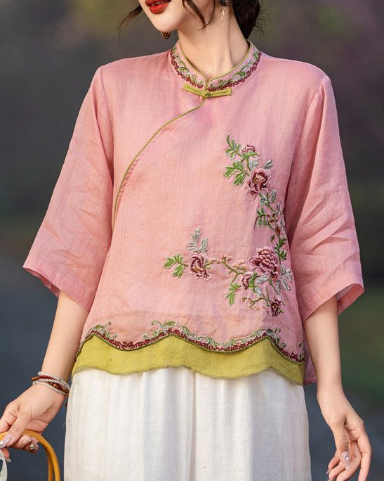 Elegant Pink Embroidered Button Linen Shirt Bracelet Sleeve