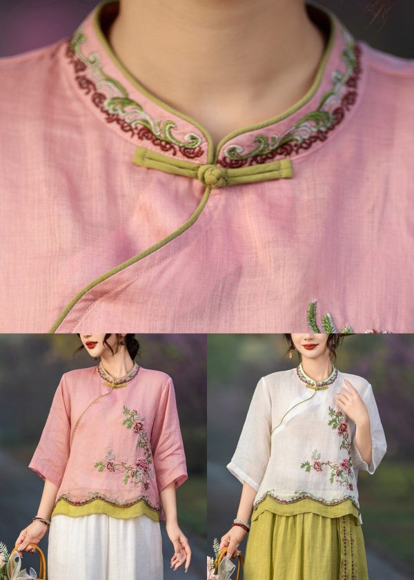 Elegant Pink Embroidered Button Linen Shirt Bracelet Sleeve - Image 5