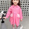 Elegant Pink Peter Pan Collar Patchwork Button Kids Long Shirts Dress Fall