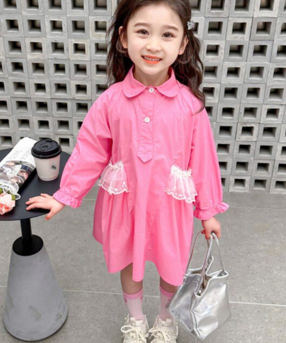 Elegant Pink Peter Pan Collar Patchwork Button Kids Long Shirts Dress Fall