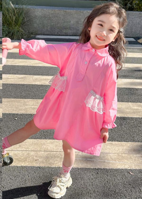 Elegant Pink Peter Pan Collar Patchwork Button Kids Long Shirts Dress Fall - Image 3