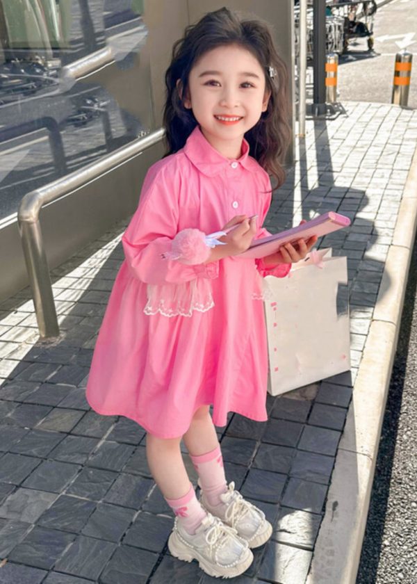 Elegant Pink Peter Pan Collar Patchwork Button Kids Long Shirts Dress Fall - Image 4