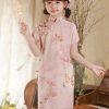 Elegant Pink Print Button Kids Long Dress Summer